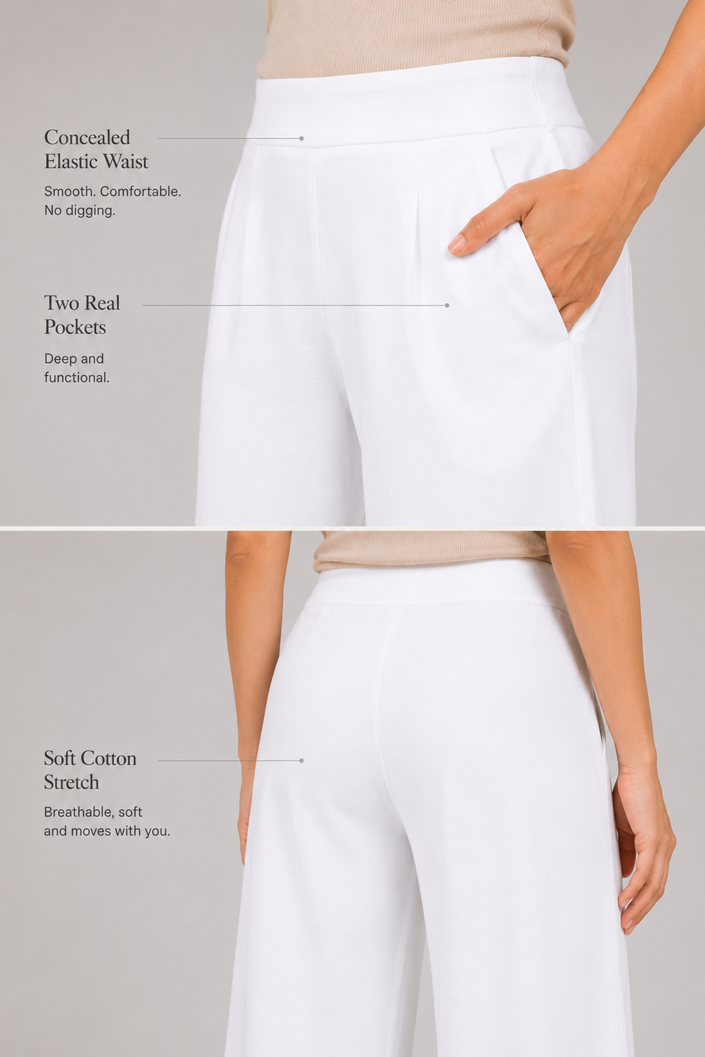 White Easy Wide-Leg Pants — Pure Cotton Stretch