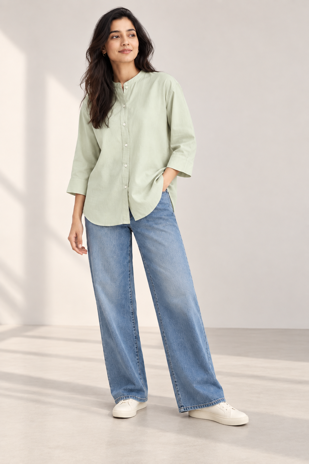 Everyday Band Collar Shirt in Soft Sage