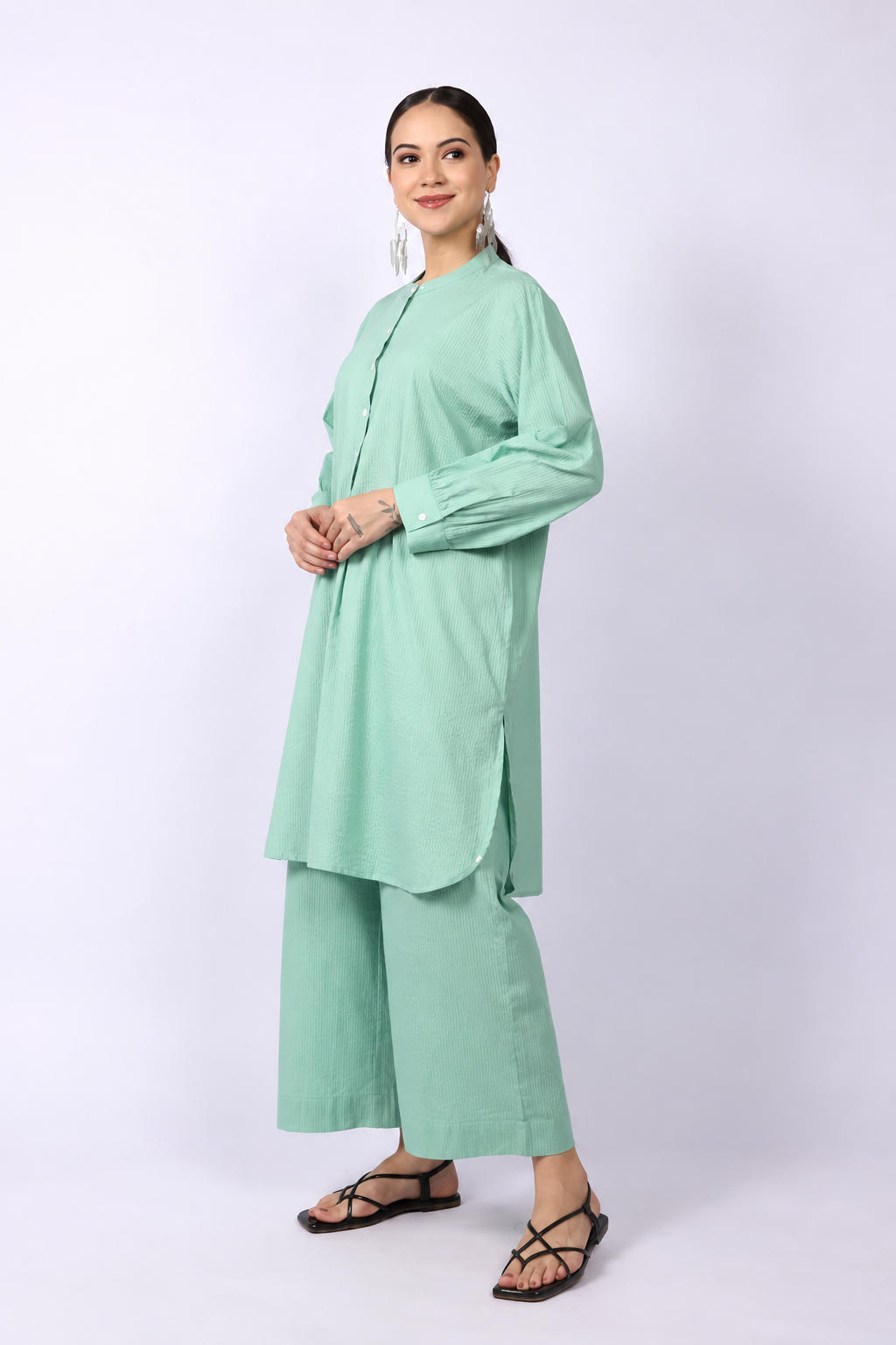 Green Seersucker Cotton A-Line Kurta Pant Co-Ord Set
