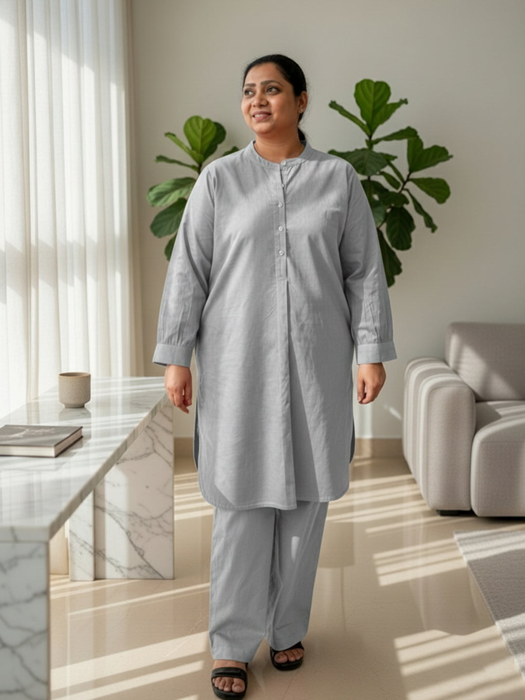 Cloud Grey Corduroy Solid Cotton A-Line Kurta Pant Co-Ord Set