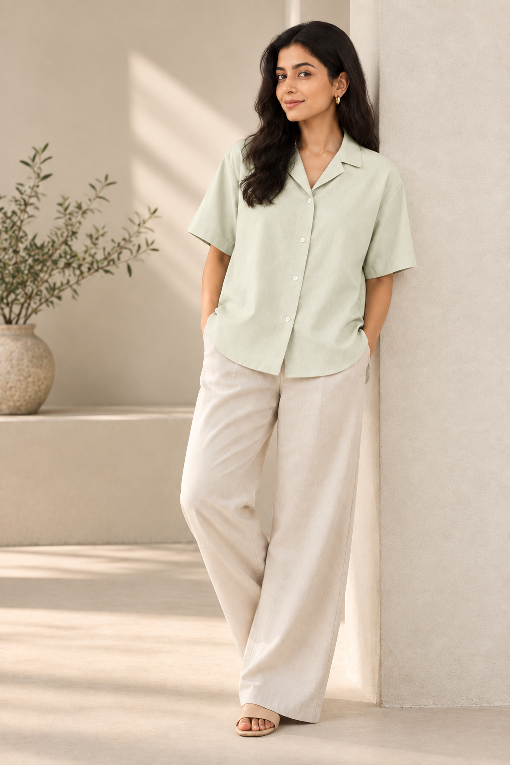 Everyday Open Collar Shirt in Soft Sage