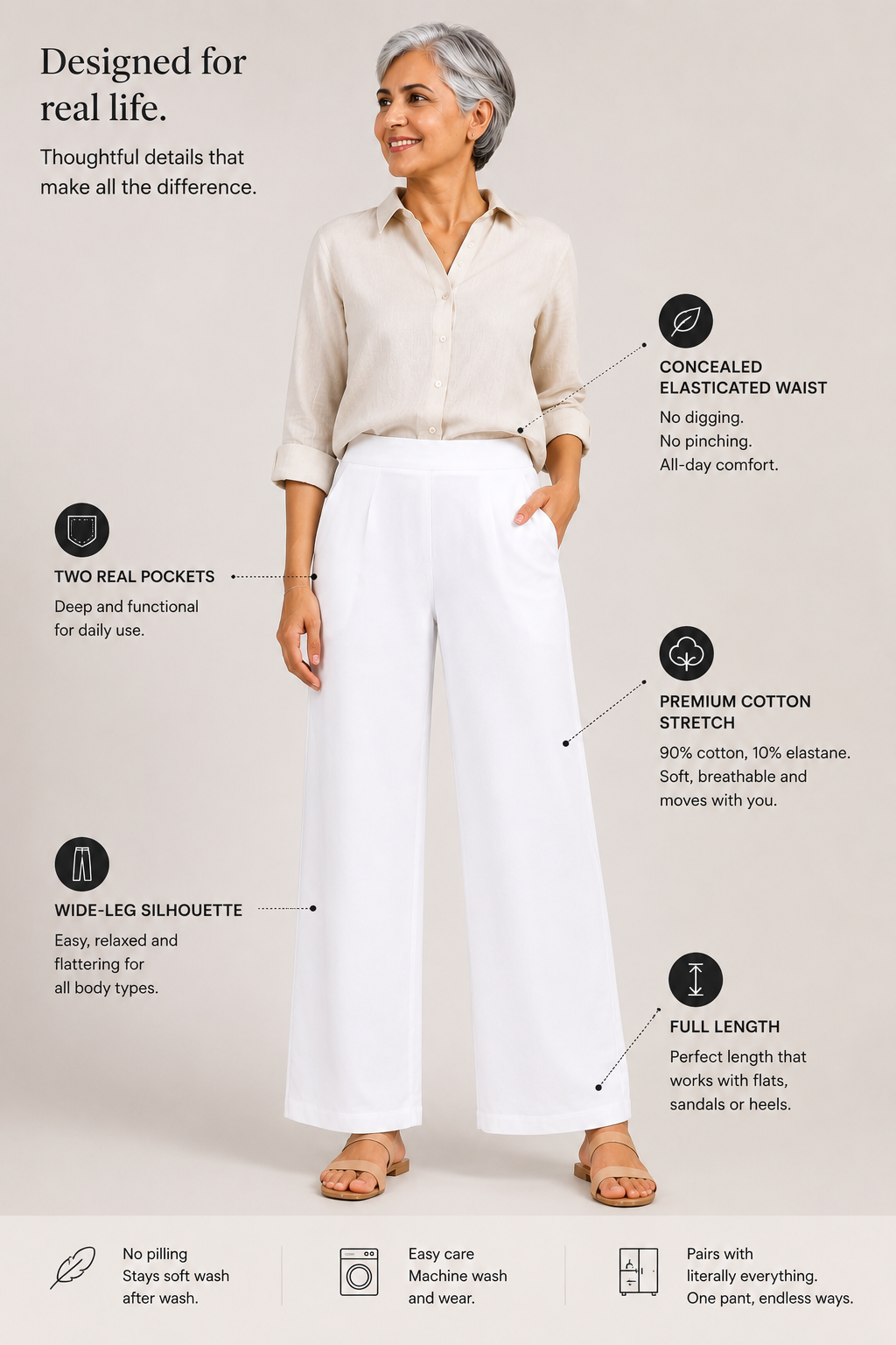 White Easy Wide-Leg Pants — Pure Cotton Stretch
