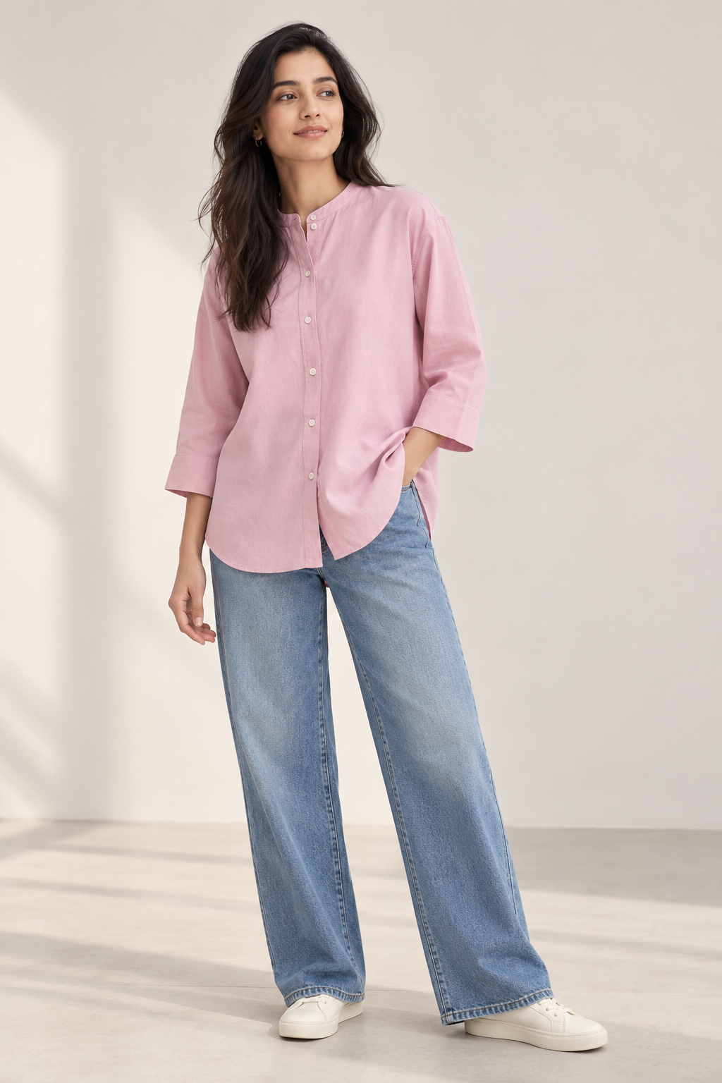 Everyday Band Collar Shirt in Dusty Pink