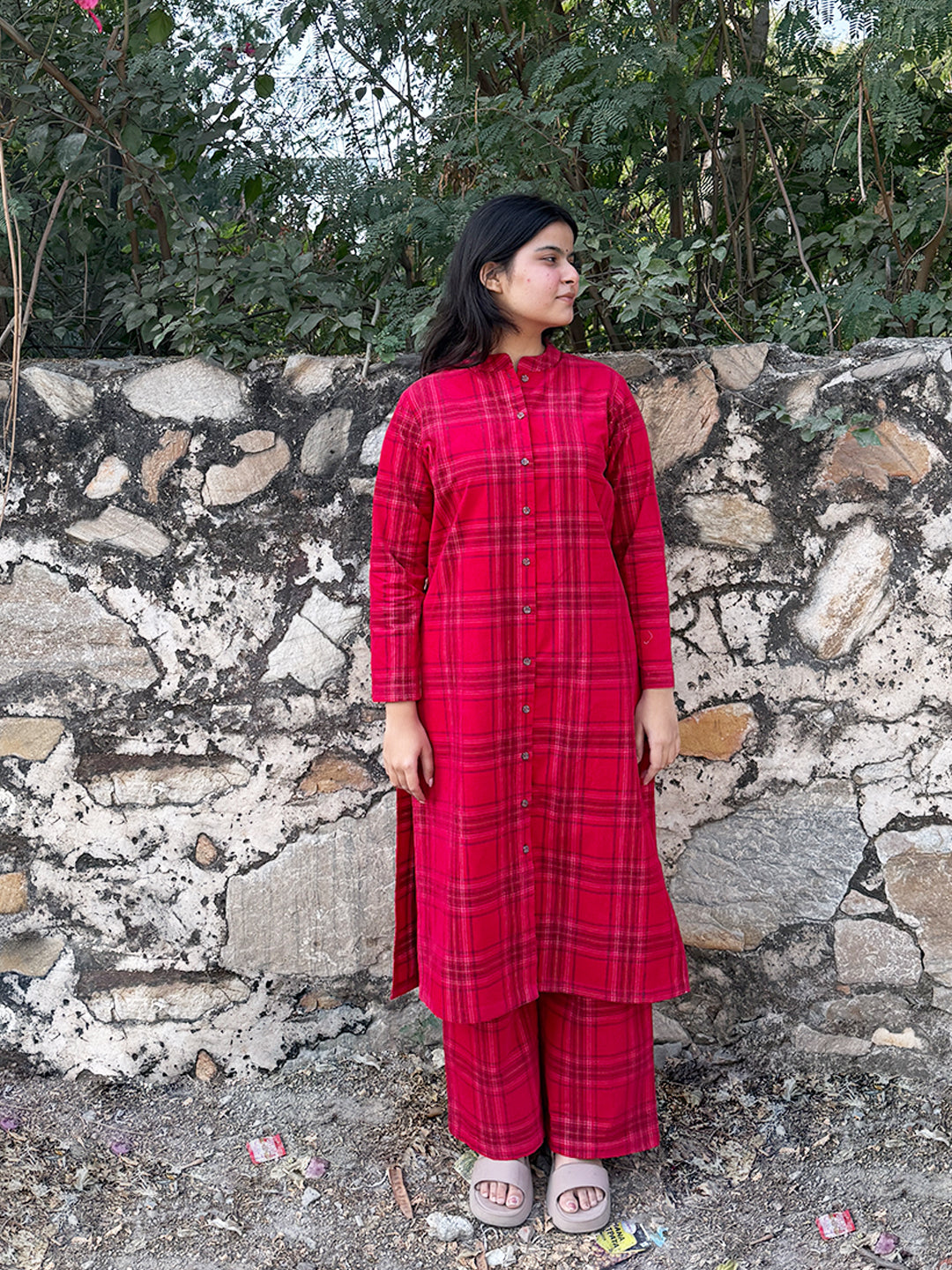 Ribbon Red Checks Corduroy Yarn-dyed Straight-Fit Cotton Kurta Pant Co-ord Set