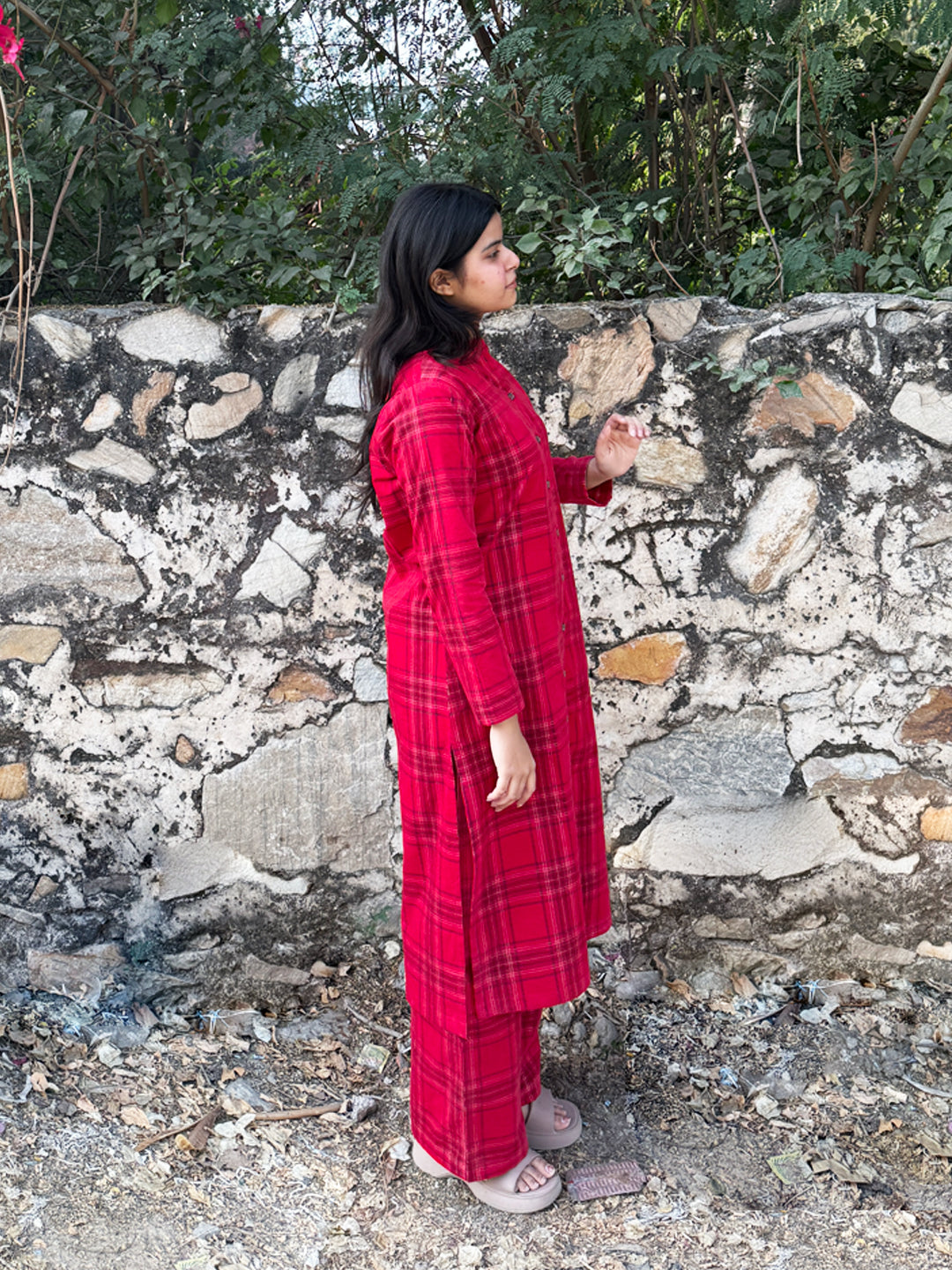 Ribbon Red Checks Corduroy Yarn-dyed Straight-Fit Cotton Kurta Pant Co-ord Set