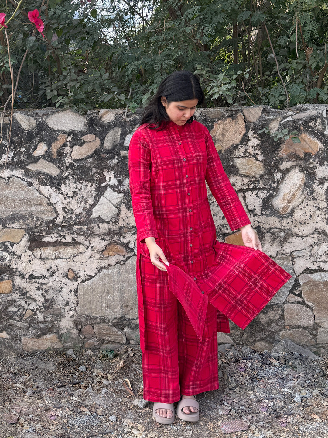 Ribbon Red Checks Corduroy Yarn-dyed Straight-Fit Cotton Kurta Pant Co-ord Set