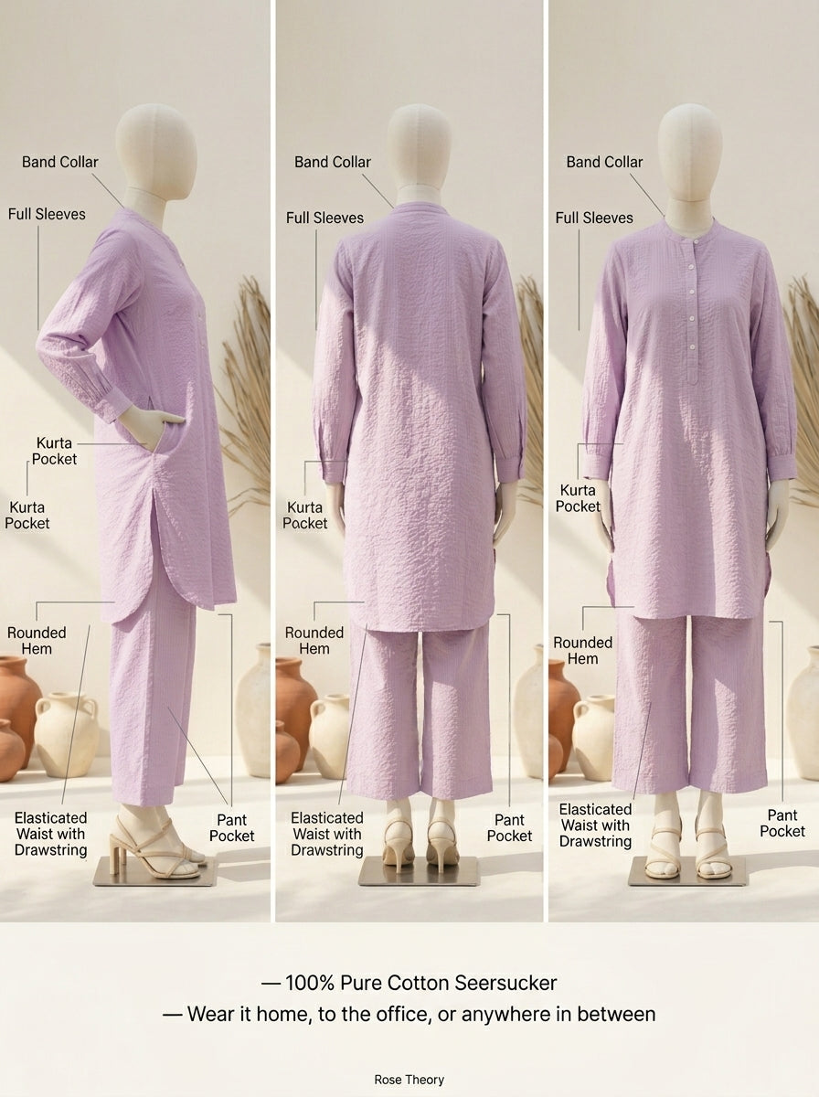 Lavender Seersucker Cotton A-Line Kurta Pant Co-Ord Set