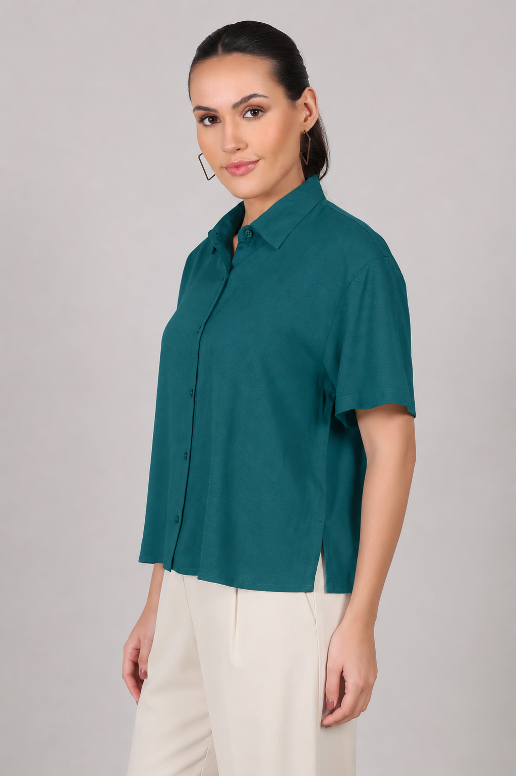 The Boxy Short Sleeve Viscose Shirt in Deep Teal