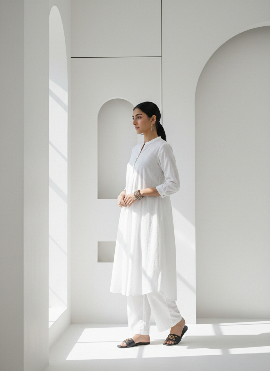 White Dobby Striped Cotton A-Line Kurta Pant Co-Ord Set (Sukoon)