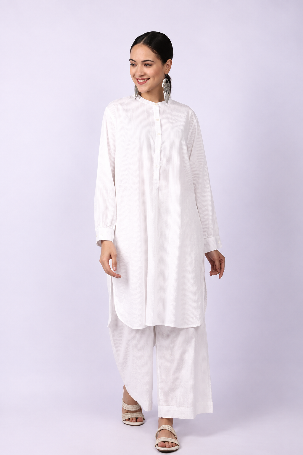 White Seersucker Cotton A-Line Kurta Pant Co-Ord Set