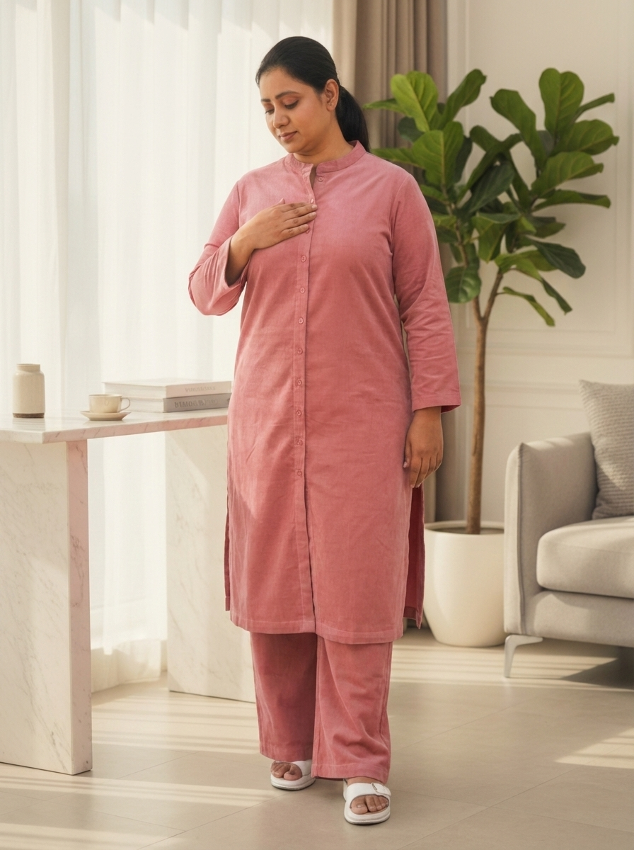 Sea Pink Corduroy Solid Straight-Fit Cotton Kurta Pant Co-ord Set