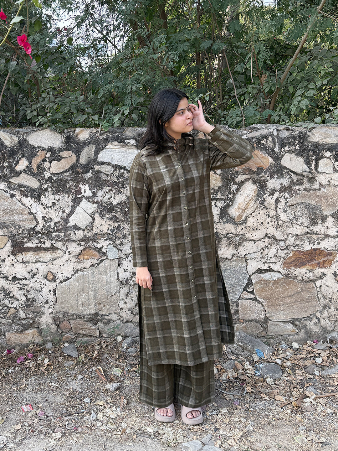 Timber Green Checks Corduroy Yarn-dyed Straight-Fit Cotton Kurta Pant Co-ord Set