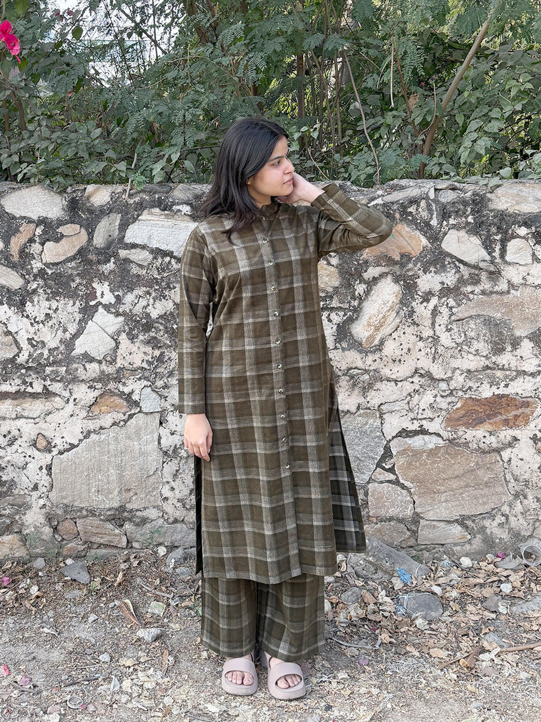 Timber Green Checks Corduroy Yarn-dyed Straight-Fit Cotton Kurta Pant Co-ord Set