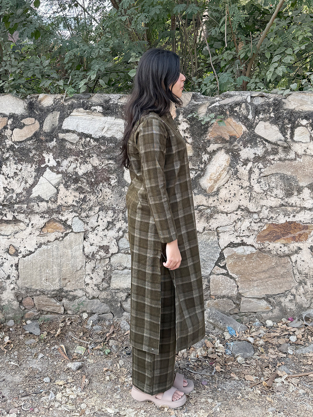 Timber Green Checks Corduroy Yarn-dyed Straight-Fit Cotton Kurta Pant Co-ord Set